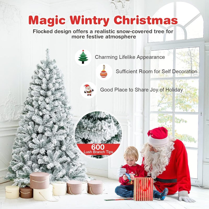 Costway 6 FT Snow Flocked Christmas Tree, Artificial Holiday Hinged Pine Tree with 600 Branch Tips, Solid Metal Stand, Premium Xmas Full Fake Tree for Home, Office, Party Decoration - Image 5